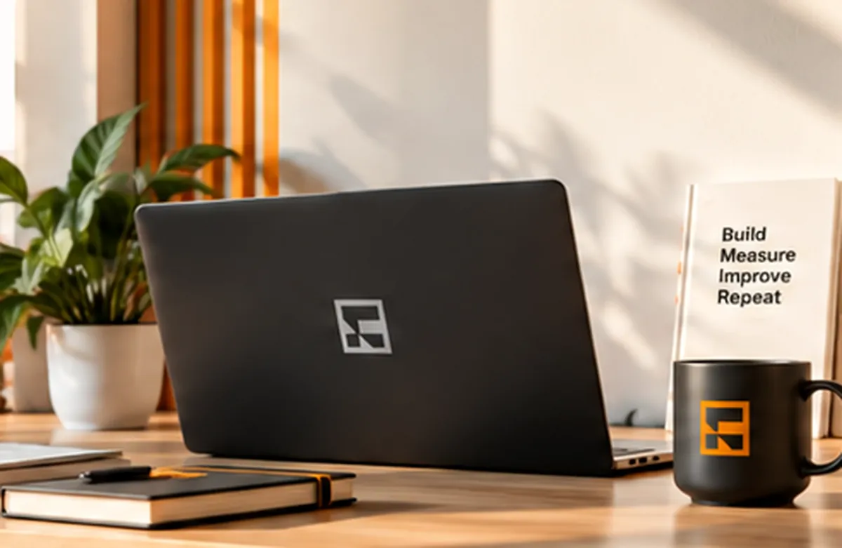 Portátil con el logo de Flowtitude sobre una mesa, junto a una taza y unas libretas